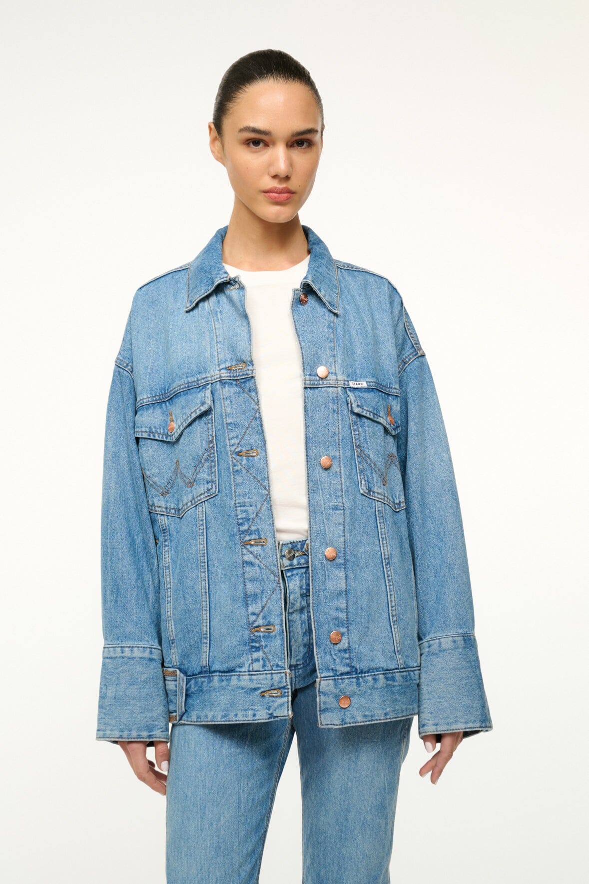 Image STAUD + WRANGLER THE BIGGEST JEAN JACKET | MID BLUE 1 of 6 and Clicking this image will trigger a zoom pop-up