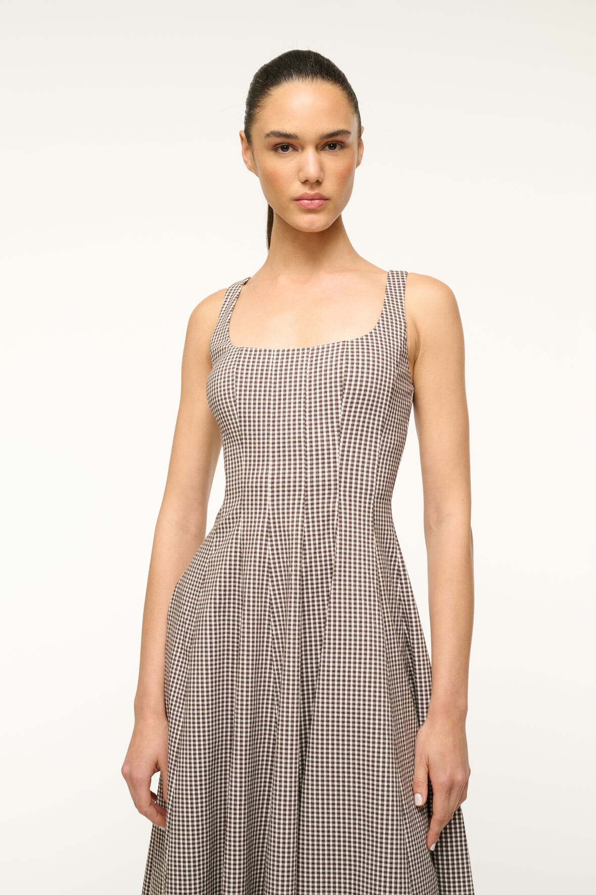 STAUD WELLS DRESS DARK CHOCOLATE MICRO CHECK
