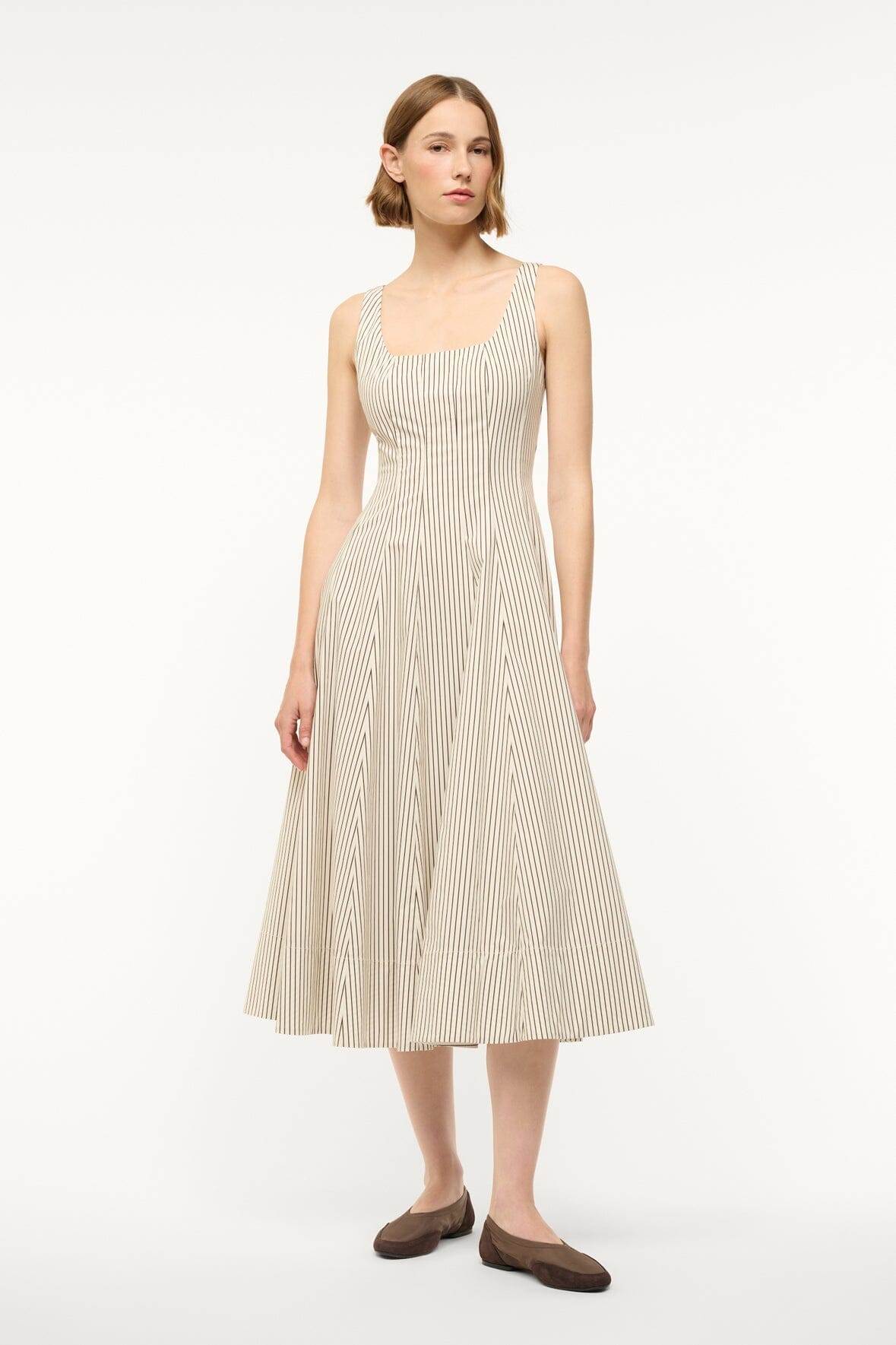 Image WELLS DRESS | IVORY DARK OAK MICRO STRIPE 1 of 6 and Clicking this image will trigger a zoom pop-up