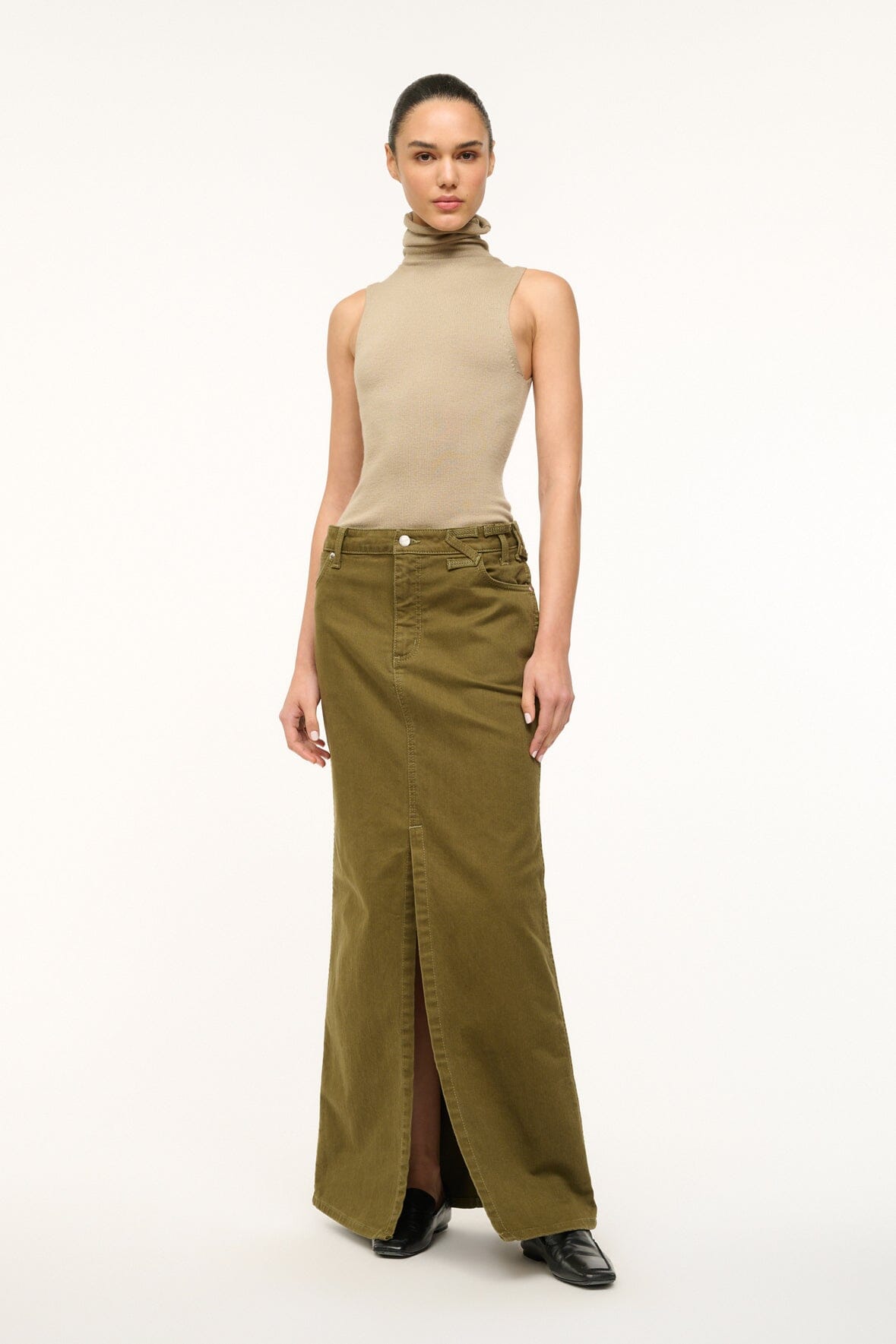 Image STAUD + WRANGLER THE MAXI SKIRT | SERGEANT GREEN 1 of 5 and Clicking this image will trigger a zoom pop-up