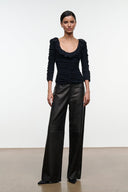Black ruched off-shoulder top with ruffle sleeves and gathered neckline