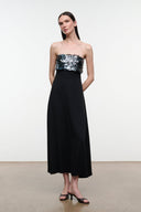 Black strapless midi dress with silver sequined bustier panel and straight skirt