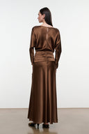 Brown silk dress, back view with long sleeves and ruched back waist detail