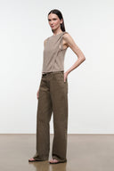 Relaxed dark olive jeans with side pockets and button fly, wide straight cut