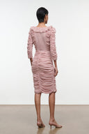 Gretta dress by SANDROSE, light pink ruched midi with ruffled back detail