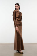 Brown satin-sheen silk dress with long sleeves, side ruching and ankle-length skirt