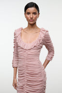 Gretta dress by SANDROSE, light pink ruched midi with ruffled neckline and sleeves