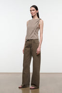 Relaxed dark olive jeans with belt loops and button fly, straight wide legs