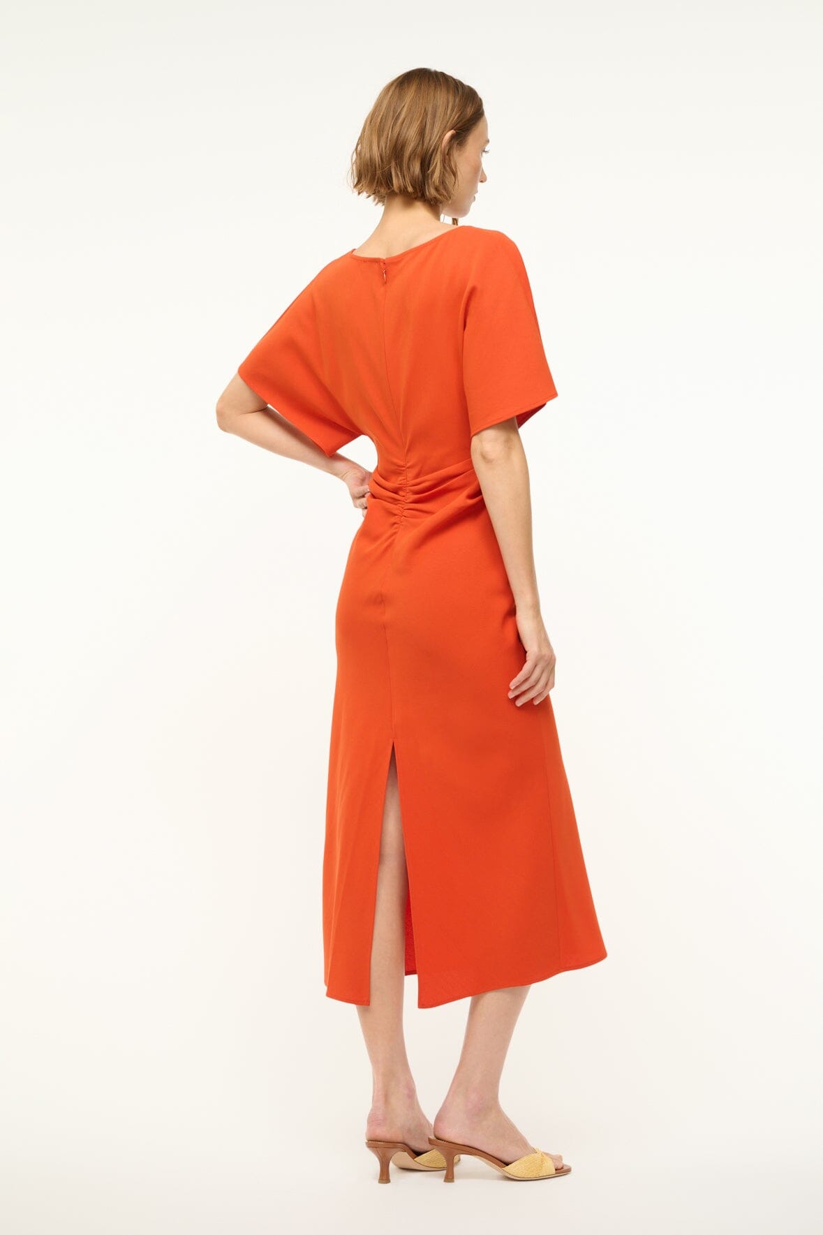 Staud Amelie Ruched Midi Dress - Cayenne Staud Amelie Ruched Midi Dress - Cayenne