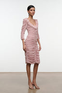 Gretta dress by SANDROSE, light pink ruched midi with ruffled shoulder detail