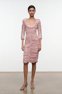 Gretta dress by SANDROSE, light pink ruched fitted midi with ruffled shoulder cuffs