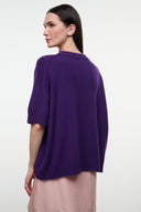 Purple cashmere knit sweater with crew neck and short sleeves, relaxed fit, back view.