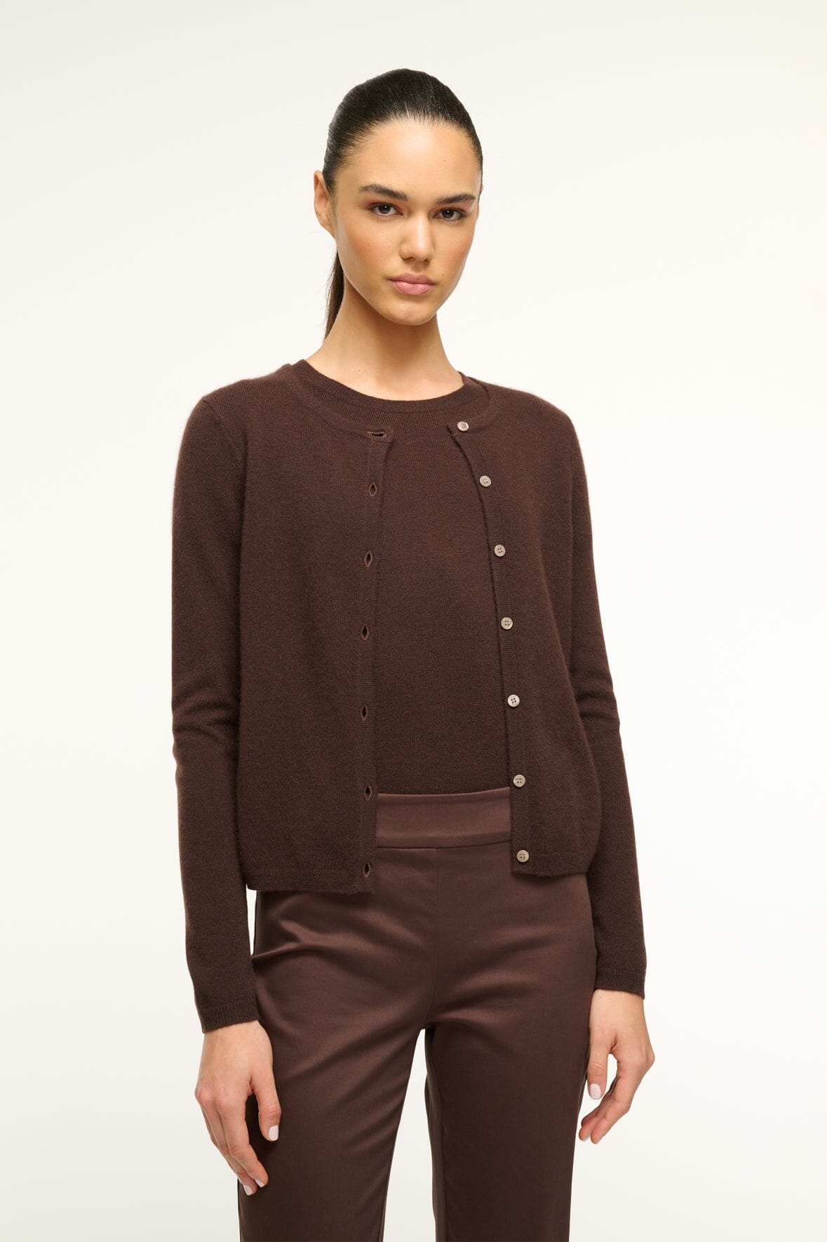 Image MIDNIGHT CASHMERE CARDIGAN | DARK CHOCOLATE 3 of 5 and Clicking this image will trigger a zoom pop-up