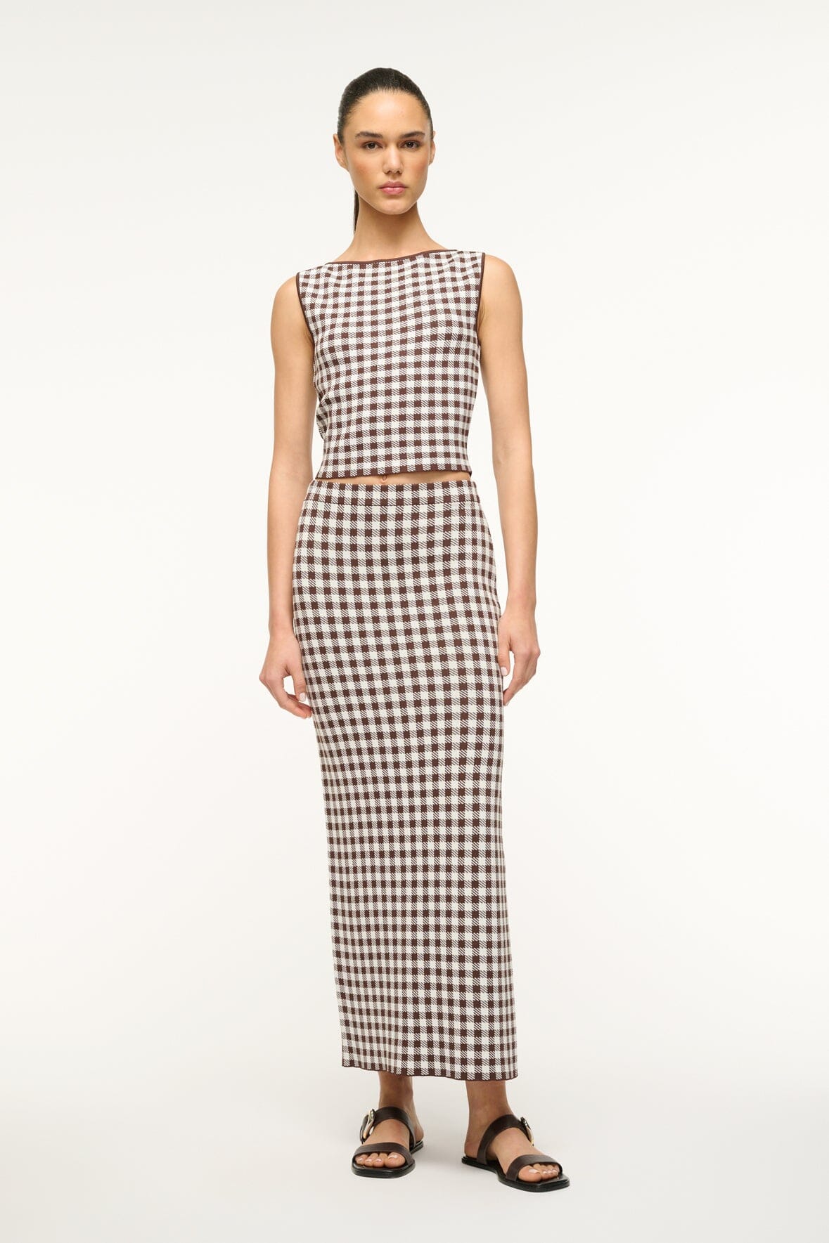 Image KARINA SKIRT | DARK CHOCOLATE GINGHAM 1 of 5 and Clicking this image will trigger a zoom pop-up