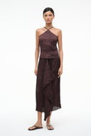 MAI textured midi skirt, dark maroon with front draped overlay and uneven hem