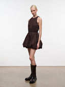 Dark brown sleeveless mini dress, high neck, gathered waist, short puffed skirt