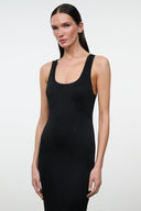 Black sleeveless maxi dress with scoop neckline and thin straps, fitted column shape