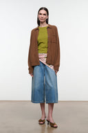 Cigar brown cashmere cardigan with open front, chest pocket, and long sleeves