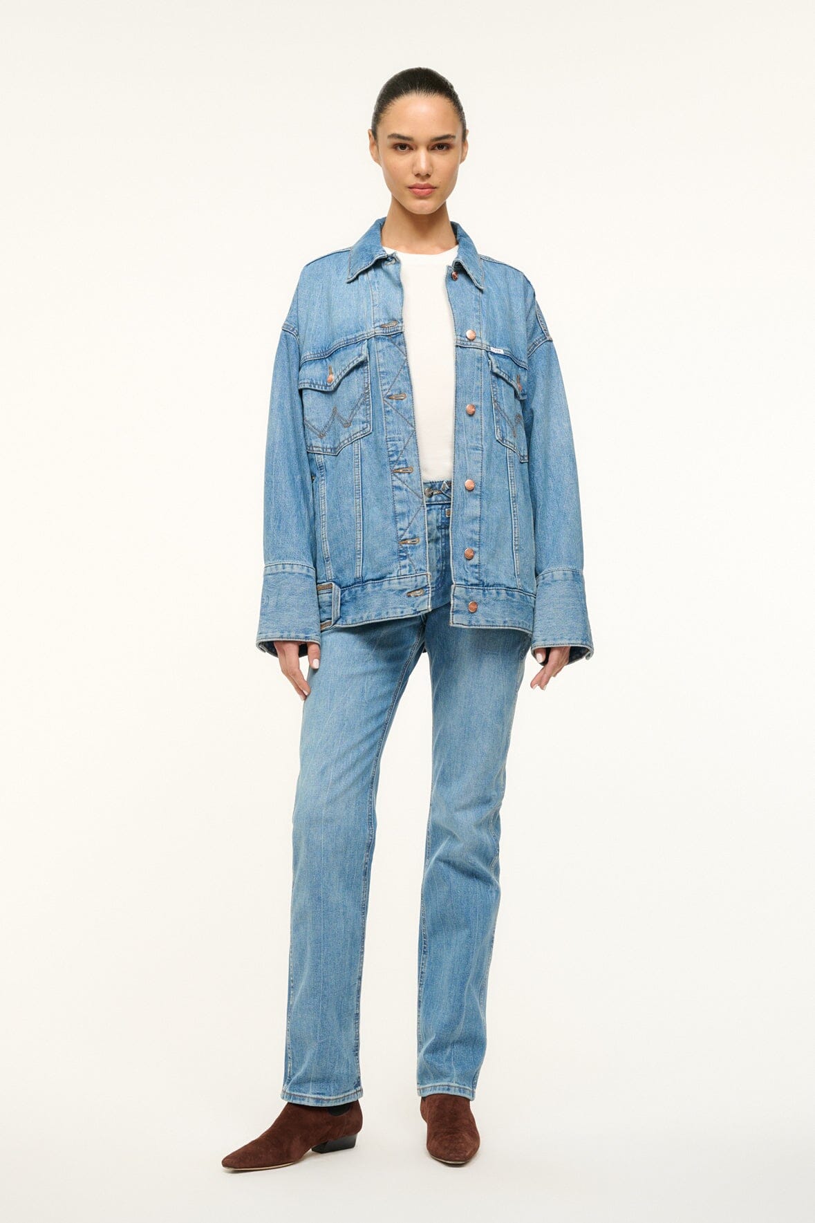 Image STAUD + WRANGLER THE BIGGEST JEAN JACKET | MID BLUE 1 of 6 and Clicking this image will trigger a zoom pop-up