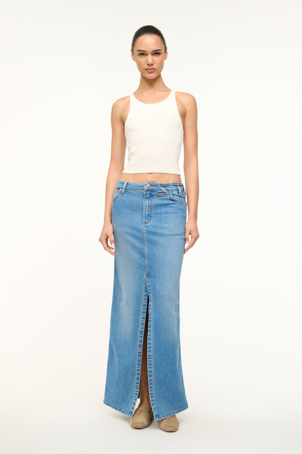 Image STAUD + WRANGLER THE MAXI SKIRT | MID BLUE 1 of 6 and Clicking this image will trigger a zoom pop-up