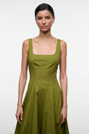 Wells dress in olive green, sleeveless fitted midi with square neckline