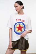 White relaxed tee close-up with SUPER STAR star graphic, loose fit