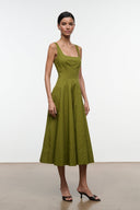 Wells dress, olive green sleeveless midi A-line with square neckline