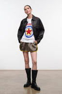 White relaxed tee under black jacket, SUPER STAR star logo on front