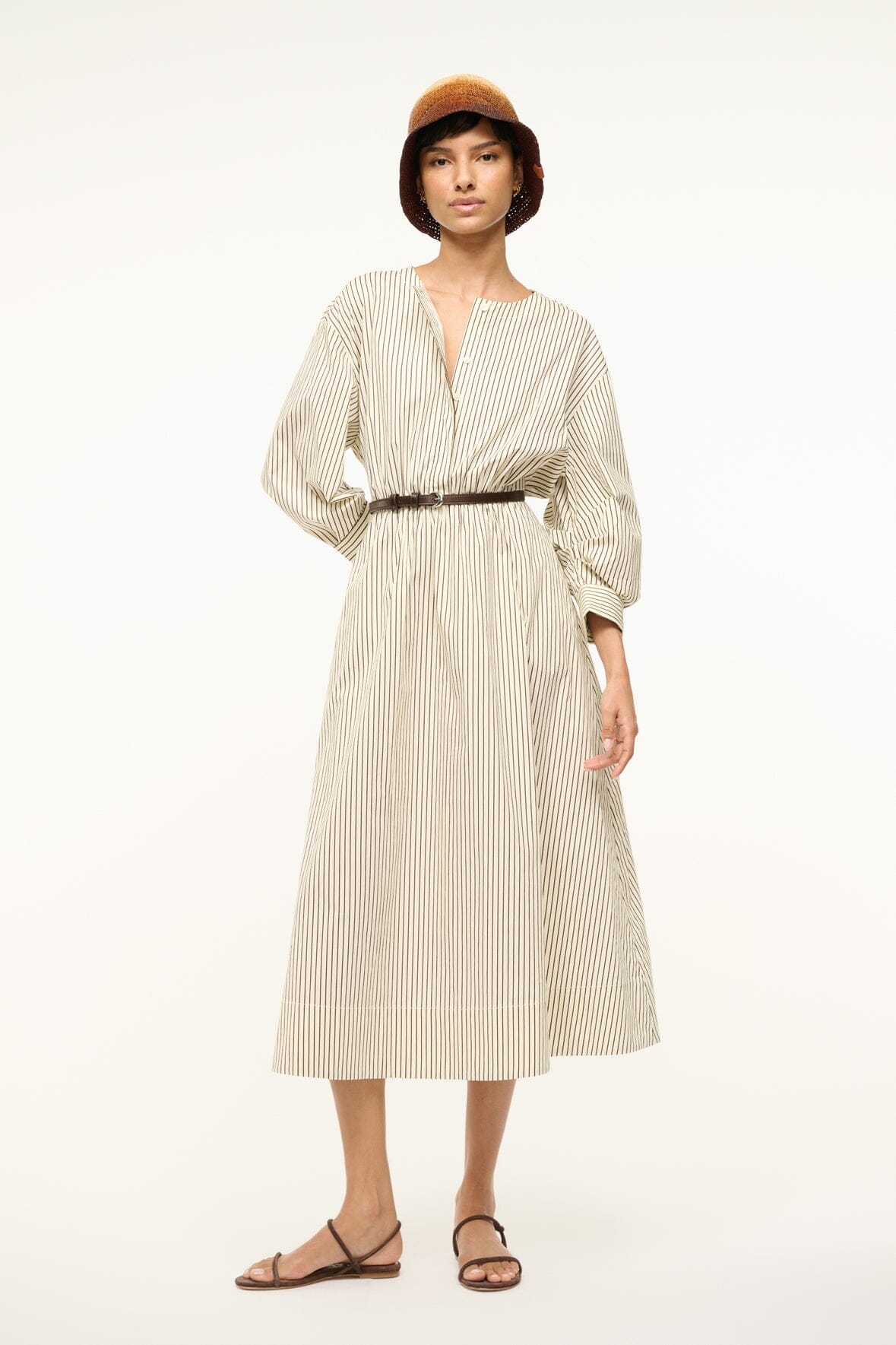 Image CAFU DRESS | IVORY DARK OAK MICRO STRIPE 1 of 6 and Clicking this image will trigger a zoom pop-up