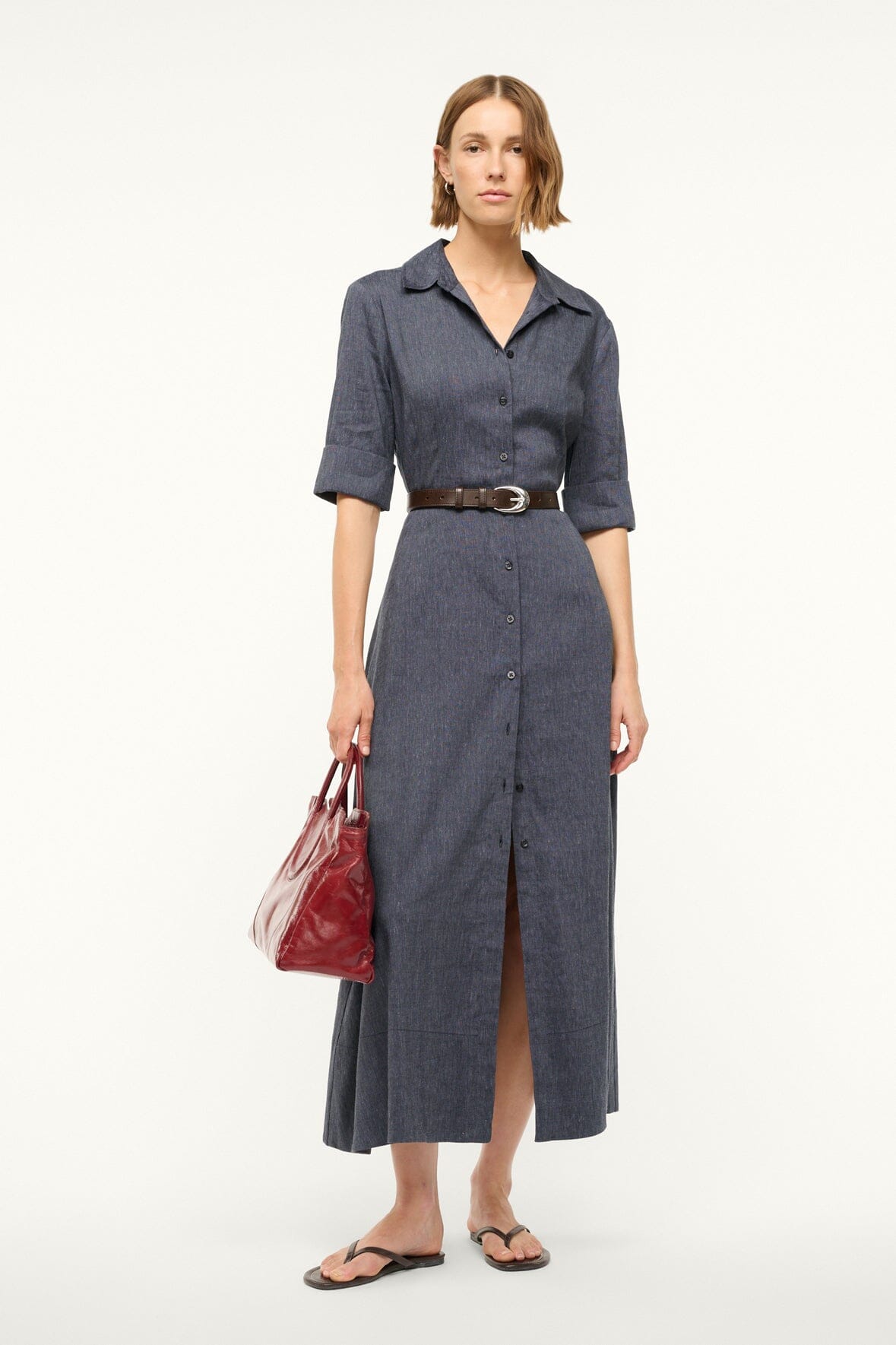 Image JOAN LINEN DRESS | CHAMBRAY 1 of 7 and Clicking this image will trigger a zoom pop-up