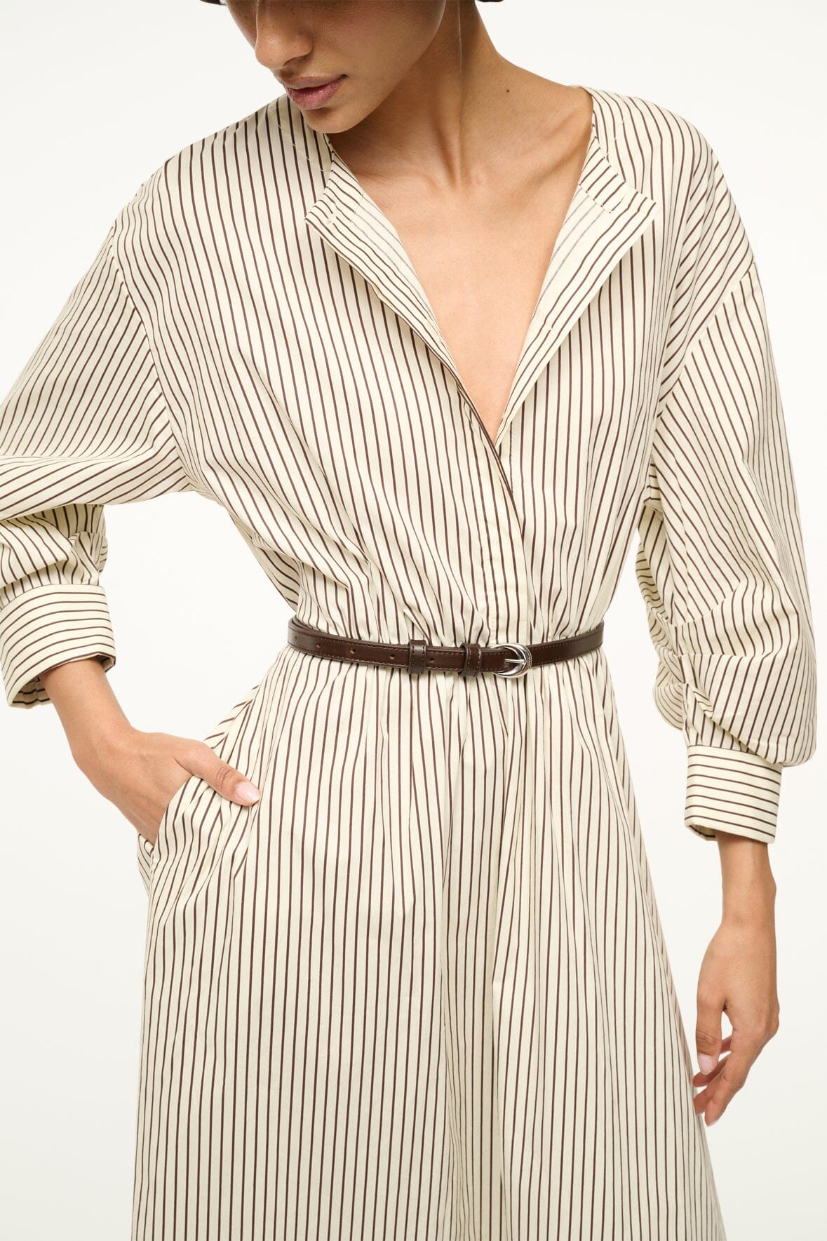 Image CAFU DRESS | IVORY DARK OAK MICRO STRIPE 5 of 6 and Clicking this image will trigger a zoom pop-up