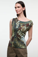 Front view of sleeveless printed top with wide scoop neckline, green and gold butterfly print