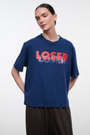 Blue relaxed tee with red 'LOSER' logo on the front, short sleeves