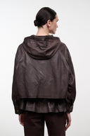 Dark brown leather jacket with hood, back view, front zipper and drawstring hem
