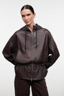 Dark brown leather hooded jacket with front zipper, drawstring waist and side pockets