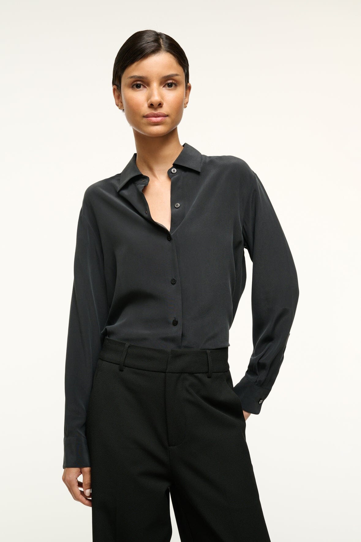 Image ROXBURY SILK SHIRT | BLACK 1 of 5 and Clicking this image will trigger a zoom pop-up