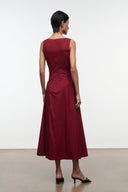 Burgundy sleeveless midi dress, scoop back and ruched waist