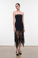 Black strapless fitted dress with layered lace fringe skirt
