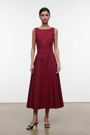 Burgundy sleeveless midi dress, gathered waist seam and flared skirt