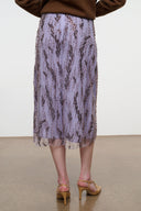 Lilac sequin midi skirt with beaded stripe pattern and fringe hem
