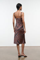 EVANGELINE silk midi dress with chevron stripes, spaghetti straps, V-back.