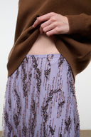 Lilac sequin midi skirt with beaded vertical pattern and detailed waistband