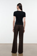 Women’s espresso-brown striped jeans, back view with wide straight legs