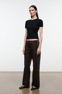 Women’s espresso-brown striped jeans, front view with wide straight legs