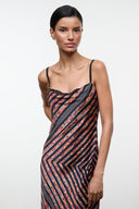 EVANGELINE silk midi dress with chevron print, lace-trim neckline, spaghetti straps.