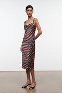 EVANGELINE silk midi dress with chevron stripes, spaghetti straps, midi length.