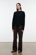 Women’s espresso-brown striped jeans, full back view with wide legs