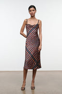 EVANGELINE silk midi dress with draped cowl neckline and chevron stripes, spaghetti straps.