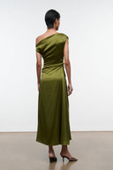 Phare silk dress, dark olive, draped cowl neckline, ruched waist, sleeveless midi (back)
