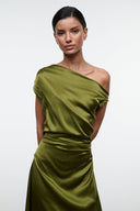 Phare silk dress, dark olive, one-shoulder drape, ruched waist, sleeveless